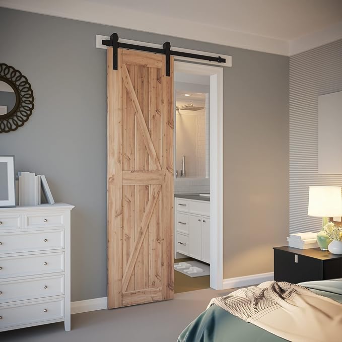 SMARTSTANDARD 4 FT Heavy Duty Sturdy Sliding Barn Door Hardware Kit, Black, (Whole Set Includes 1x Pull Handle Set & 1x Floor Guide) Fit 24" Wide Door Panel (I Shape Hanger)