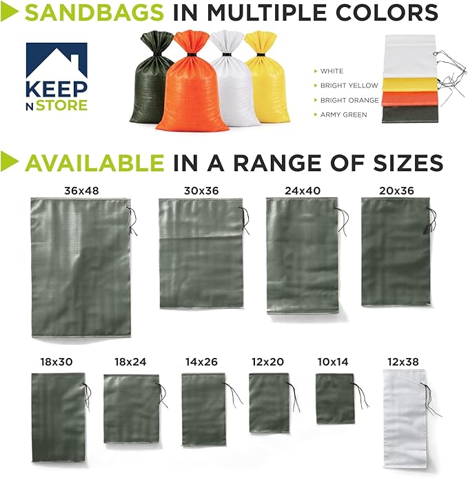 Heavy Duty Sand Bags Pack of 12, Army Green Empty Sandbags with Built-In Ties, Woven Polypropylene UV Protection 1600 Hours, Fillable Bags for Flood Control, Weight, 18x30 inches, 75 Pounds Volume
