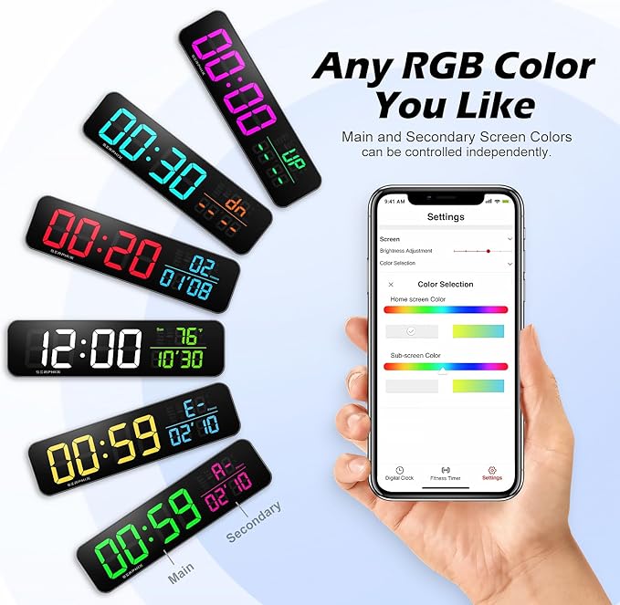 15.2" Gym Timer, App & Remote Control, Customizable LED Colors, Temperature, Date, Workout Interval Timer Stopwatch Countdown Large Digital Wall Clock for Home Gym Garage