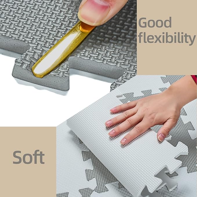qqpp EVA 18 Tiles Baby Play Mat for Playing, Interlocking Foam Floor Mats for Tummy Time & Crawling, Puzzle Flooring Tiles with Animals Laser Pattern for Kids. Beige. QL-11(J) b18N