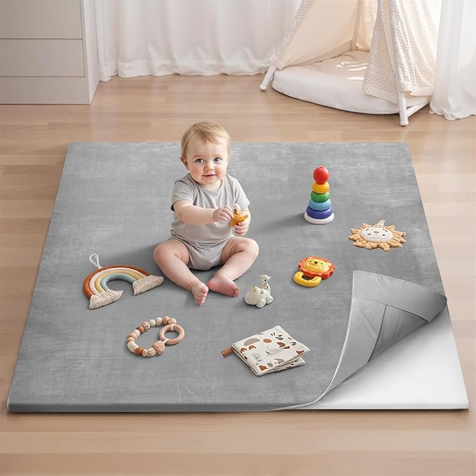 Blissful Diary Ultra Soft Baby Play Mat, 50x50 Floor Mat with Removable & Washable Slip-On Cover for Babies and Toddlers Infants, Light Grey