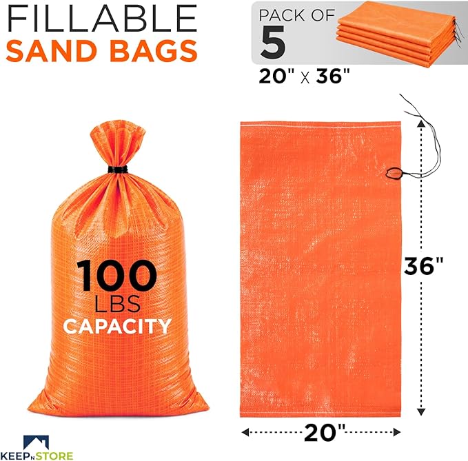 Heavy Duty Sand Bags Pack of 5, Bright Orange Empty Sandbags with Built-In Ties, Woven Polypropylene UV Protection 1600 Hours, Fillable Bags for Flood Control, Weight, 20x36 inches, 100 Pounds Volume