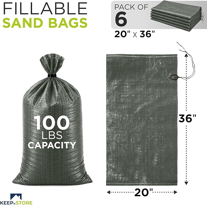 Heavy Duty Sand Bags Pack of 6, Army Green Empty Sandbags with Built-In Ties, Woven Polypropylene UV Protection 1600 Hours, Fillable Bags for Flood Control, Weight, 20x36 inches, 100 Pounds Volume
