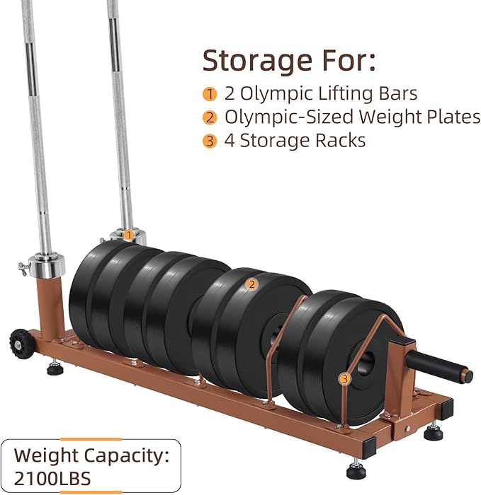 Olympic Barbell Plate Organizer with Steel Frame for home or gym,Horizontal Plate with Handle and Wheels, 300LBS Capacity, Brown