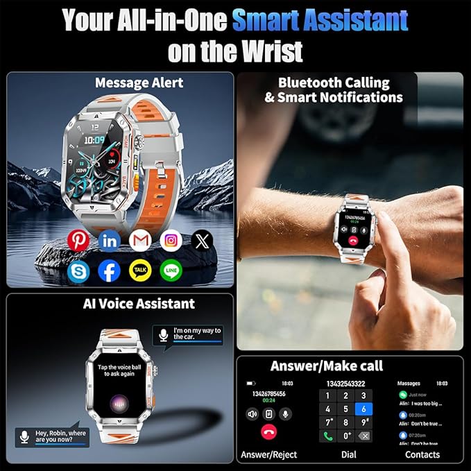 Military Smart Watch for Men, 2.01” Fitness Tracker with 1200mAh Battery Life, Bluetooth Calling, Flashlight, 5ATM Waterproof, Heart Rate & Sleep Tracking, 110+ Sports Modes for Android & iPhone