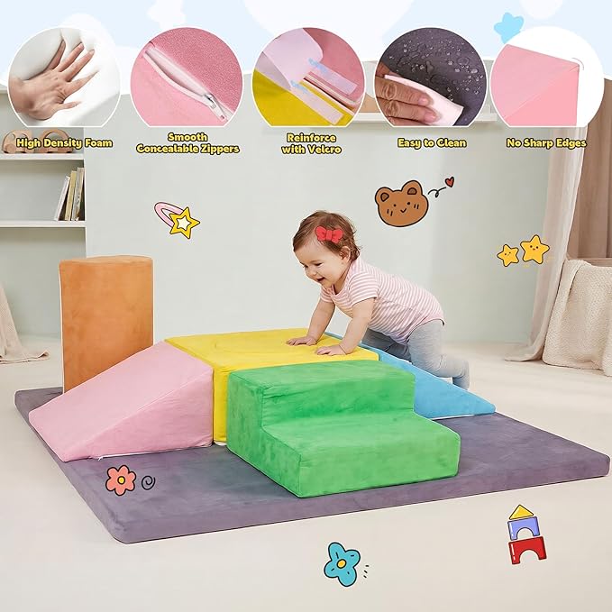 7-Piece Foam Climbing Blocks for Toddlers, Toddler Climbing Toys Indoor, Climb and Crawl Soft Foam Play Set with 47x47, 1.5" Thick Baby Play Mat for Floor, Removable & Machine-Washable Cover