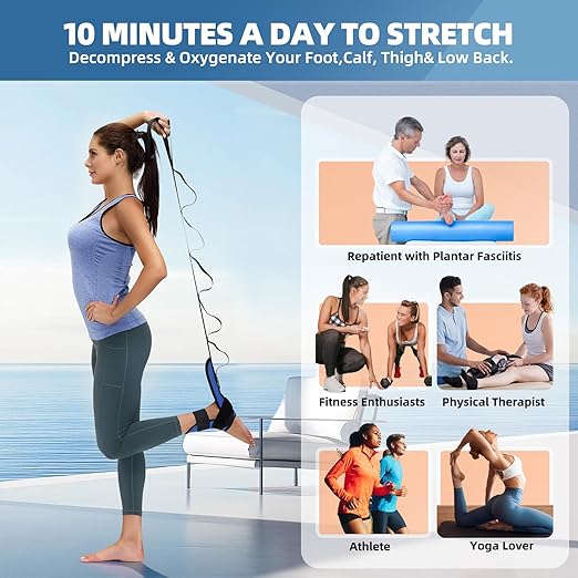 comness Foot and Calf Stretcher Stretching Strap For Plantar Fasciitis, Heel Spurs, Foot Drop, Achilles Tendonitis & Hamstring. Yoga & Leg Stretch Strap. (Blue)