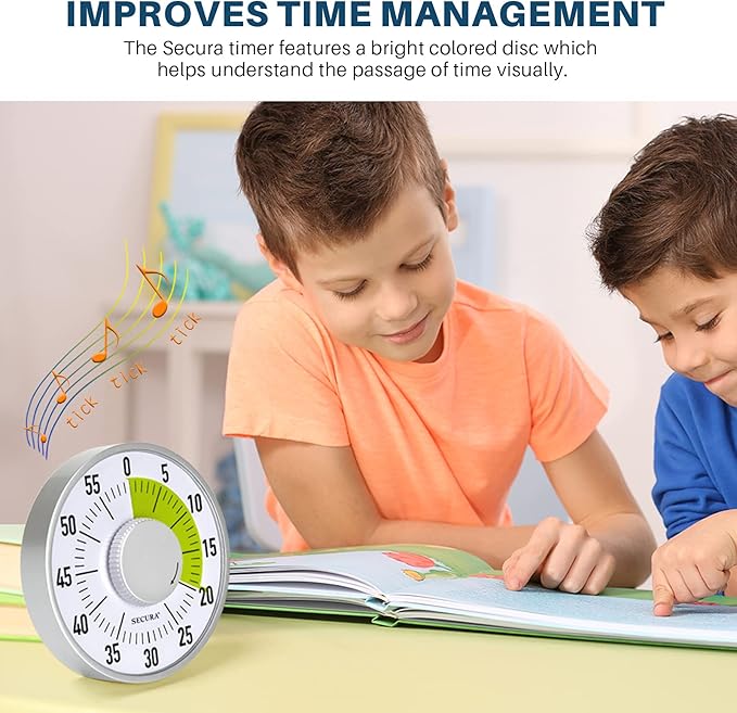 Secura 60-Minute Visual Timer 6-Inch Mechanical Countdown Timers for Teaching, Meeting, Cooking, Working - Timer for Kids with Magnetic Backing, Foldable Legs, Hanging Hole (Green)