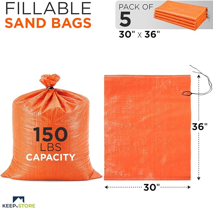 Heavy Duty Sand Bags Pack of 5, Bright Orange Empty Sandbags with Built-In Ties, Woven Polypropylene UV Protection 1600 Hours, Fillable Bags for Flood Control, Weight, 30x36 inches, 150 Pounds Volume