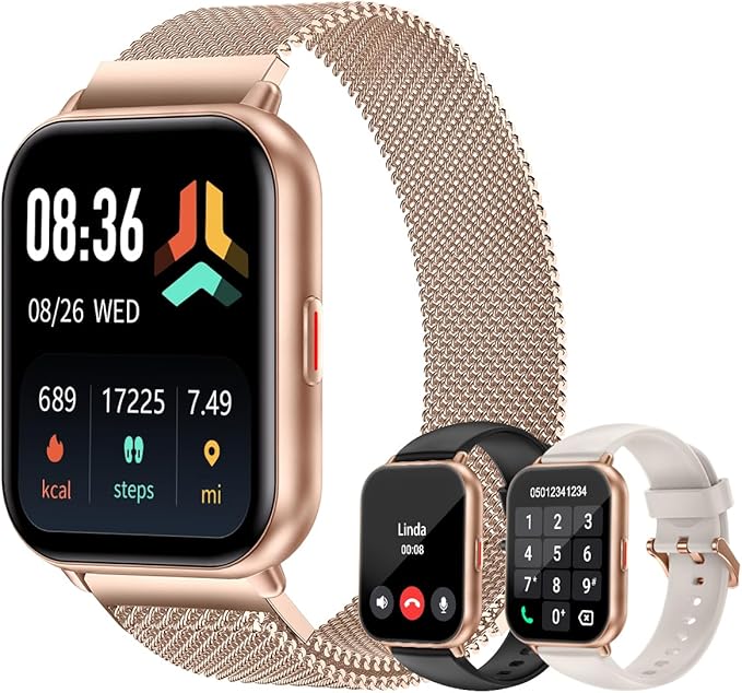 Smart Watches for Women Men (Answer/Make Calls, 3 Bands), 1.85" Fitness Tracker Watch for iPhone/Android Phones with Heart Rate Monitor Sleep/Steps Tracker 100+ Sports Pedometer Waterproof Gold