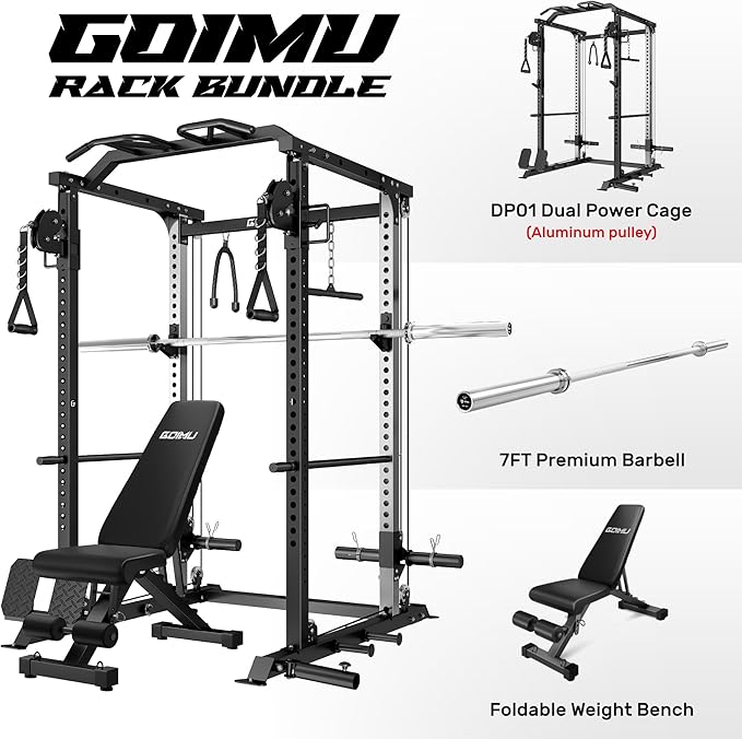 DP01 Power Cage, 2000LBS Squat Rack with with Cable Crossover and Dual Independent Pulley System, Full Cage for Full Body Training, Power Rack with More Training Attachments for Home Gym