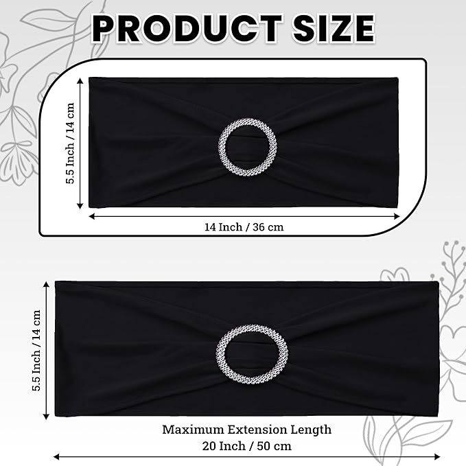 VDS - Black | Spandex Chair Sashes Bows | 150 PCS | Stretch Elastic Banquet Universal Folding Chair Band Tie with Silver Buckle Slider for Wedding Party Conference Celebration Event Decoration
