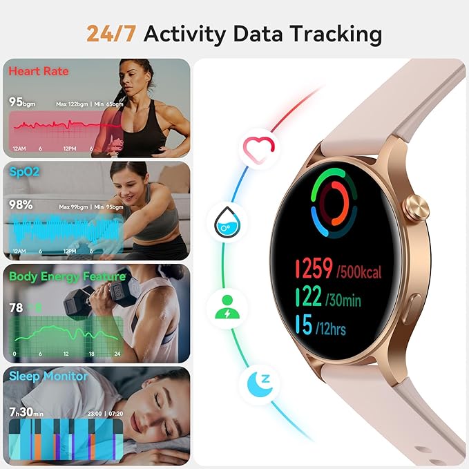 Smart Watch for Women, Answer/Make Call, 1.32'' AMOLED Ultra-Clear Screen Fitness Tracker with Heart Rate/Sleep/SpO2 Monitor, Smartwatch for iPhone/Samsung/Android, 110+ Sport Modes, 3ATM Waterproof
