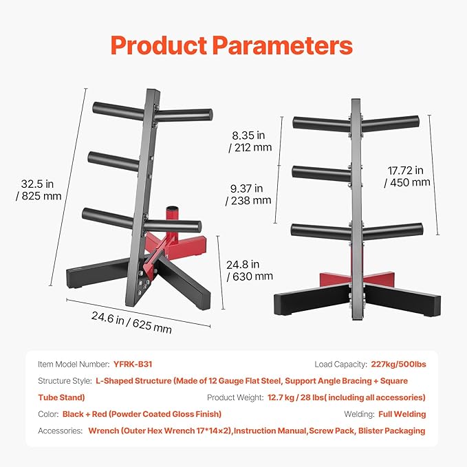 VEVOR Weight Plate Rack, L Frame Weight Plate Tree for 2-Inch Weight Plates, Standard Weight Plate Tree, 500 lbs Load Capacity Weight Storage Holder, Home Gym Barbell Rack Storage Stand, Black & Red