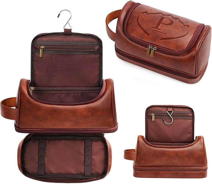 Mens Toiletry Bag for Travel,PU Leather Travel Toiletries Bag,Waterproof Toiletry Shaving Kit for Men,Personalized Gifts for Men Father's Day Birthday (P)