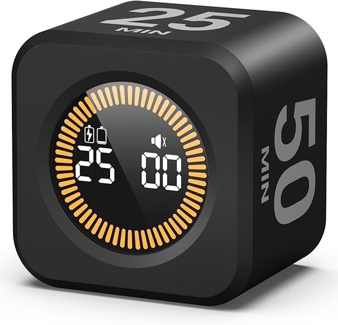 KADAMS Pomodoro Timer Visual - Productivity Pomodoro Cube, 5/10/25/50 Min Countdown & Countup, Silent – Ideal for Work Study Cook Workout Kitchen School Classroom Office ADHD Gift Kids (1, Black)