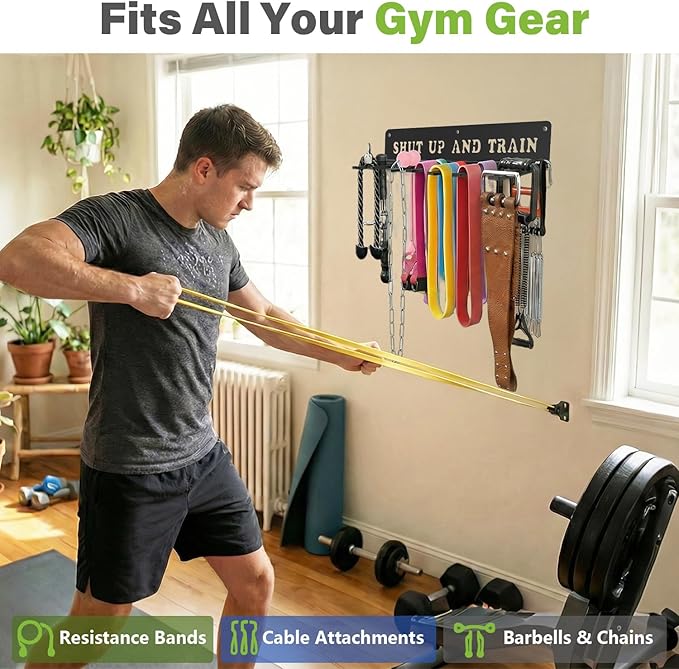 WIPHANY Home Gym Accessories Organization Storage Rack Equipment For Home 8 Hook Wall Hanger Display Gear Barbells Resistance Bands Jump Ropes Lifting Belt Hanger Accessories Hardware Included