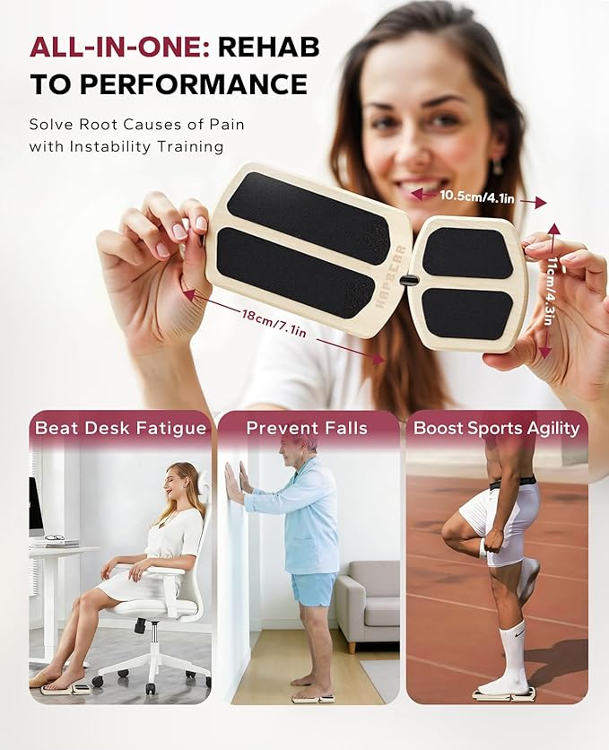 HAPBEAR Single Leg Balance Board - Ankle Strengthener & Foot Balance Board for Conditioning & Stability - 80 Configurations w/ Training Guide & Cork Ball - Ankle Board for Home Gym & Office, Natural Wood