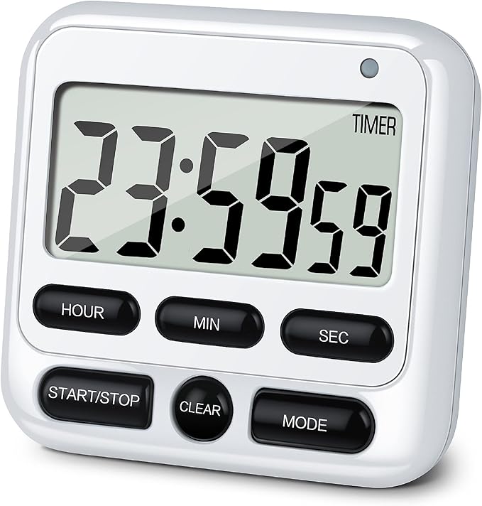 KTKUDY Digital Kitchen Timer with Mute/Loud Alarm Switch ON/Off Switch, 12-Hour Clock & Alarm, Memory Function Count Up & Count Down for Kids Teachers Cooking, Large LCD Display, Strong Magnet (White)