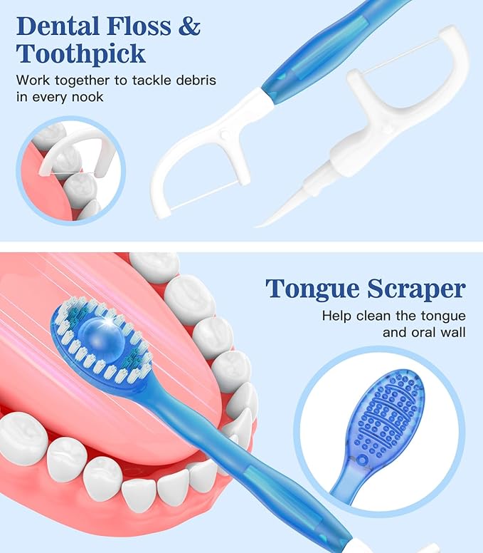 48 Pack 5 in 1 Disposable Mini Toothbrushes with Toothpaste, Floss, Pick & Tongue Scraper, Individually Wrapped, Portable Toothbrush Travel Set for Kids Adults, Mint Flavor