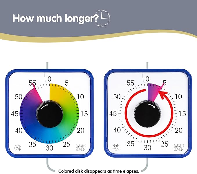 Visual Timer 7.5 inch; 60 Minute 1 Hour Countdown Timer for Kids Classroom Teaching Tool Home Office Meeting, Mechanical Countdown Clock for Exam Time Management Magnetic, Navy Blue with Colorful Disc