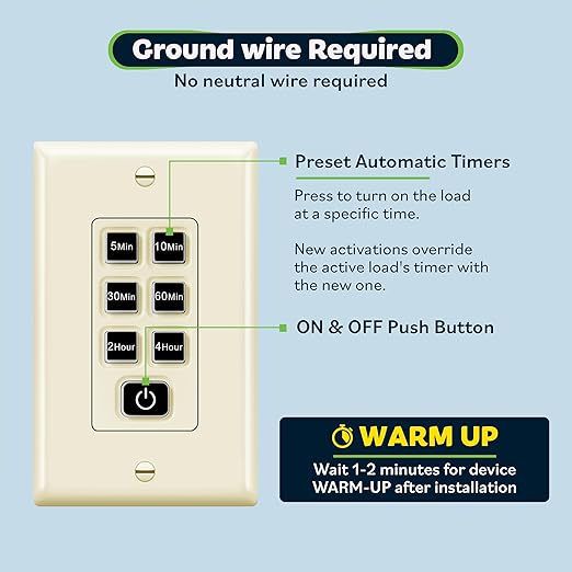 TOPGREENER 4-Hour No Neutral Wire Countdown Timer Switch, 5-10-30-60 Min 1-2-4 Hour Settings, for Fans and Lights, 120VAC 60Hz, 1/2HP, 150W LED, UL Listed, TGT06-4H-JT-LA, Light Almond