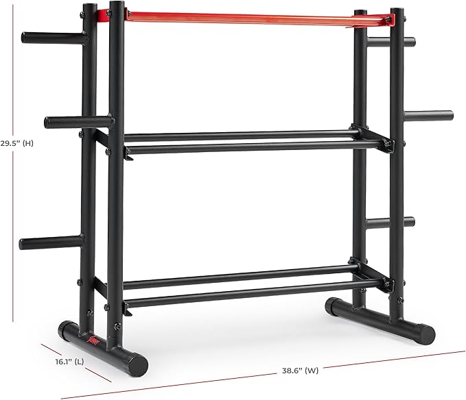 Sunny Health & Fitness Multi-Weight Storage Rack Stand for Dumbbells, Kettlebells, Olympic Weight Plates, Barbell, Medicine Ball