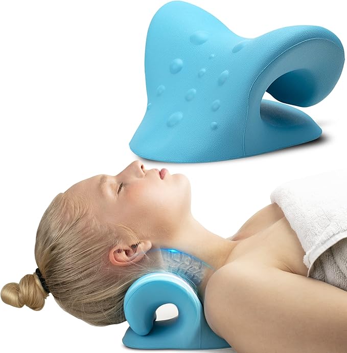 iBWYM Neck Stretcher Cervical Traction Device for Neck and Shoulder Pain Relief, Ergonomic Pillow, Dowager's Hump Corrector, Cervical Spine Alignment, Neck Curve and Posture Corrector (Light Blue)