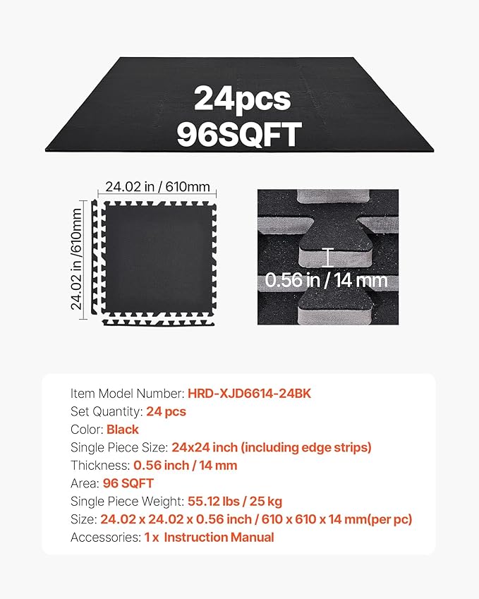 VEVOR 0.56Inch 96sq.ft 24 Tiles Gym Flooring for Home Gym, Rubber Top with High Density EVA Foam, 24 x 24In Gym Floor Exercise Equipment Mats, Interlocking Gym Mats, Puzzle Workout Mats, Black