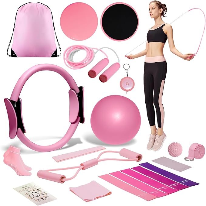 Pilates Essential Kit, Pilates Equipment Set for Women with Pilates Ring and Ball Set, Resistance Bands, Jump Rope and Core Sliders at Home Pilates Kit for Women Yoga Fitness Workouts&Better Me Gifts