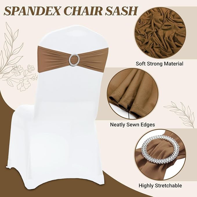 MDS Pack of 125 Spandex Chair Sashes Bows Universal fits Elastic Stretch Chair Bands Ties with Buckle Slider Bow for Wedding Decoration Spandex Slider Sashes Bow - Mocha