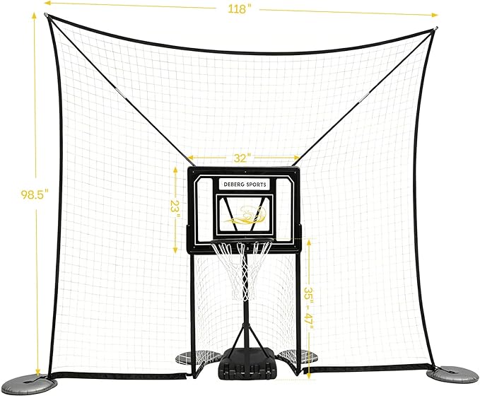Deberg Pool Basketball Hoop with 10x8 FT Ball Backstop Height Adjustable Poolside Basketball Goal Set with Fillable Base, Includes Ball & Pump | Rust-Resistant | Easy Setup |