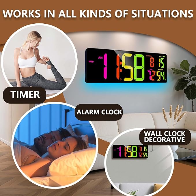 16.5" Large Digital Wall Clock, Bluetooth Sync Time, Count Down Timer, Dual Alarm, Big LED RGB Color, Auto DST, Digital Clock for Living Room Classroom Desk, Christmas Birthday Gift for Senior Mom Dad
