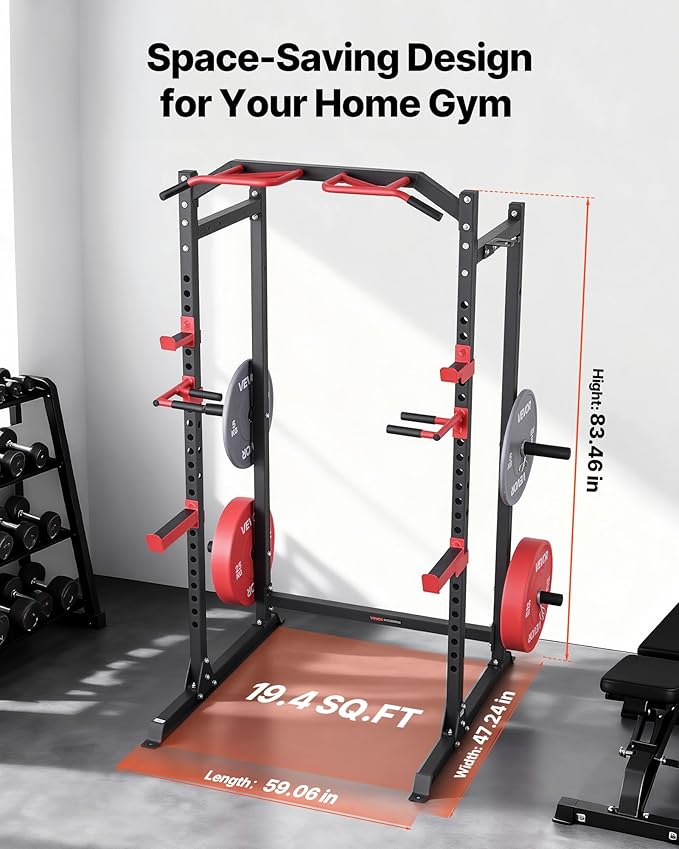 VEVOR Power Cage Power Rack, Multifunctional Barbell Squat Rack with Adjustable Height, Home Gym Strength Training Workout Equipment with J-Hooks & More Fitness Attachment for Bench Press Pull-Up Dips