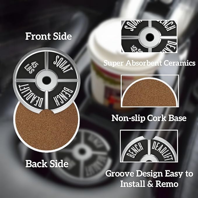 Car Cup Holder Coasters, 2 Pcs Ceramic Coasters with Finger Slot and Cork Back, Anti-Slip Shock Absorbing Women and Men Universal Car Accessories - Barbell