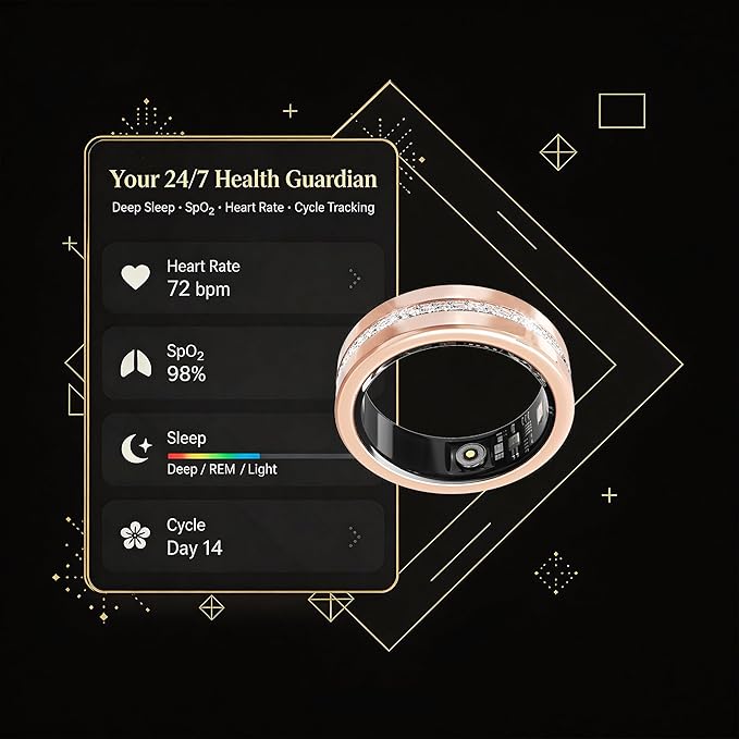 Diamond Smart Ring for Women, Fitness & Vital Signs Monitoring, Sleep Tracker, Remote Photography, No Subscription, Ladies Gift, iOS & Android(Gold,7#)