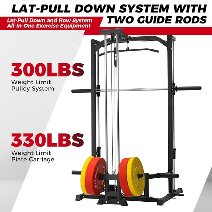 RitFit Smith Machine Power Rack with LAT-Pull Down System, Landmine, Barbell Bar, Plate Storage Pegs and More Training Attachment