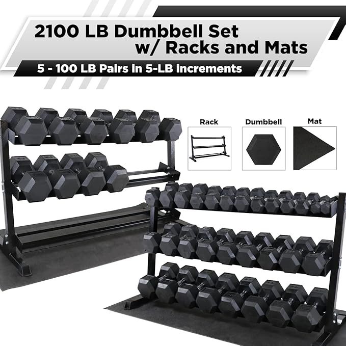 WF Athletic Supply Rubber Coated Hex Dumbbell Set, Multiple Choices Available - Dumbbells with Rack Stand and Mat, or Dumbbells Only (200/550/1200/2100/3000 LB)