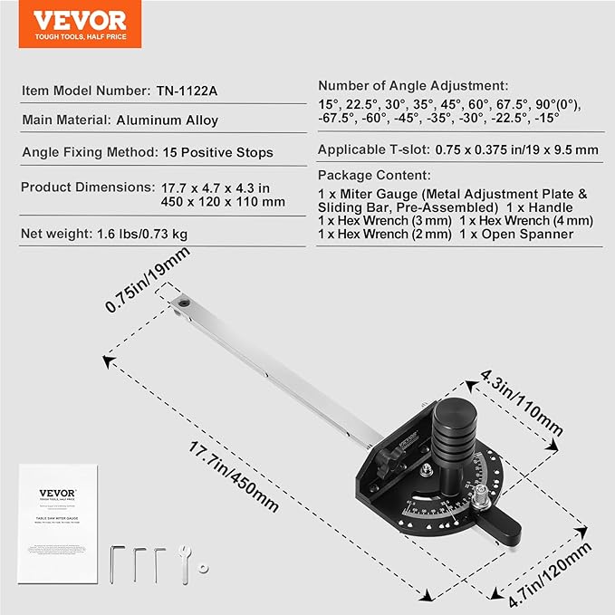 VEVOR Precision Miter Gauge, Standard Slot 3/4'' x 3/8'', Aluminum Alloy Table Saw Miter Gauge with 15 Angle Stops Adjustable Spring Loaded Plunger and Removable Disc, for Woodworking Tool Table Saw
