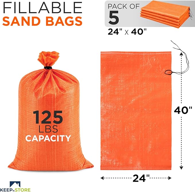 Heavy Duty Sand Bags Pack of 5, Bright Orange Empty Sandbags with Built-In Ties, Woven Polypropylene UV Protection 1600 Hours, Fillable Bags for Flood Control, Weight, 24x40 inches, 125 Pounds Volume