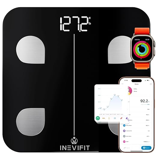 INEVIFIT Smart Body Fat Scale, Highly Accurate Bluetooth Digital Bathroom Body Composition Analyzer, Measures Weight, Body Fat, Water, Muscle, Visceral Fat & Bone Mass for Unlimited Users