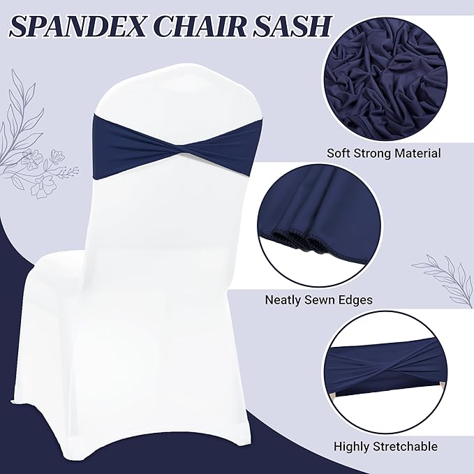 MDS Pack of 10 Spandex Chair Sashes Bows Elastic Stretch Dining Chair Bands Ties Without Slider Buckle Universal fits for Wedding Baby Shower Birthday Party Banquet Event Decoration - Navy Blue