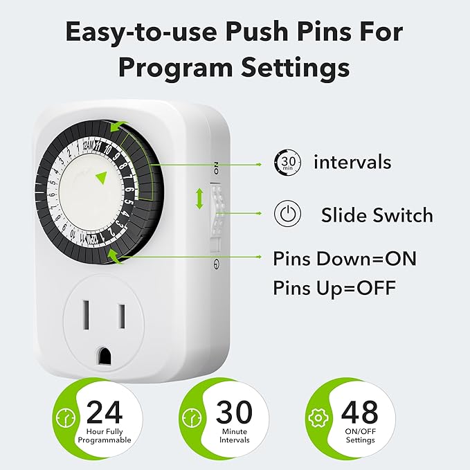 HBN Indoor Mini 24-Hour Mechanical Outlet Timer, for Electrical Outlets, 30 Minute Intervals, 3-Prong, 2-Pack, Light Timer for Indoor Lighting, ETL Listed