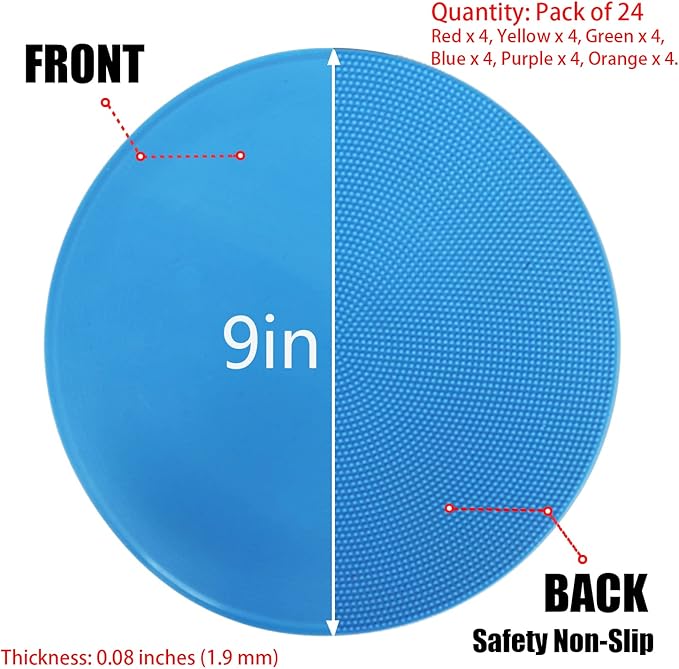 4inch & 9inch Poly Spot Markers for Agility Dot for Gym/PE Training, Dance, 6/12/24 Pcs Round Multiple Color & Size Rubber Non-Slip Spot Marker for Games, Floor Dots and Sport Activities