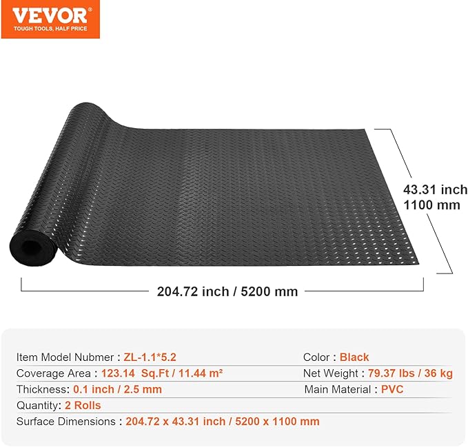 VEVOR Garage Floor Mats, 2 Rolls x 17 x 3.6 Ft PVC Garage Flooring Roll, Non-Slip Diamond Texture, 123.14 sq.ft Covering Space, Black Garage Mats for Under Cars, Garage Industry Gym