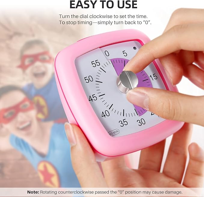 Secura 60-Minute Visual Timer, Silent Study Timer for Kids and Adults, Time Clocks, Time Management Countdown Timer for Teaching (Pink)