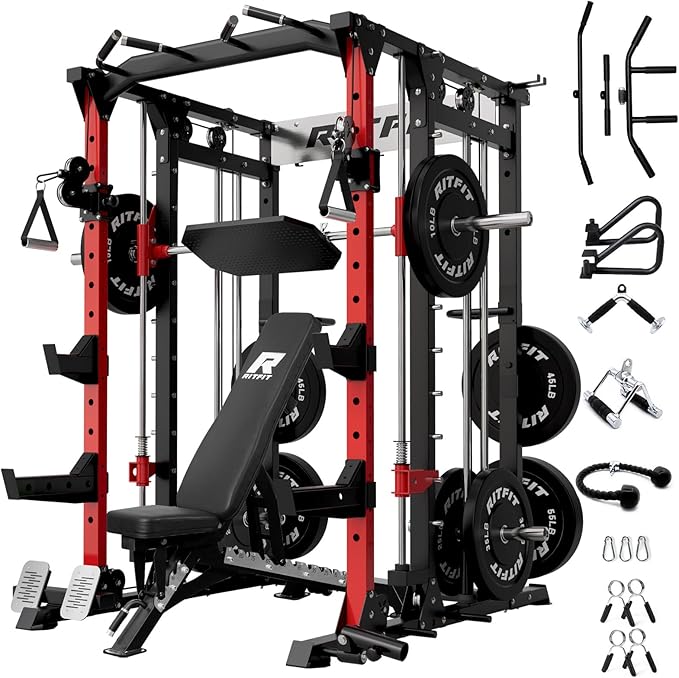 RitFit Buffalo Smith Machine, Power cage with LAT-Pull Down System & Cable Crossover System, All-in-One Squat Rack for Home Gym, Power Rack