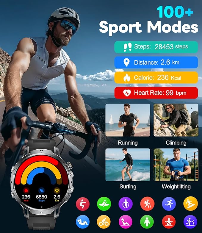 LIGE Military Smart Watches for Men(2 Bands),1000mAh/1.85" HD Large Screen Smartwatch, Flashlight/110+ Sports Modes/Sleep Monitor, Fitness Tracker Watch for Android iOS,Black