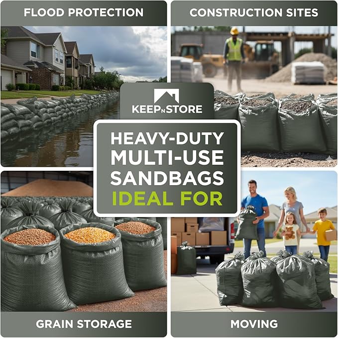 Heavy Duty Sand Bags Pack of 12, Army Green Empty Sandbags with Built-In Ties, Woven Polypropylene UV Protection 1600 Hours, Fillable Bags for Flood Control, Weight, 18x30 inches, 75 Pounds Volume