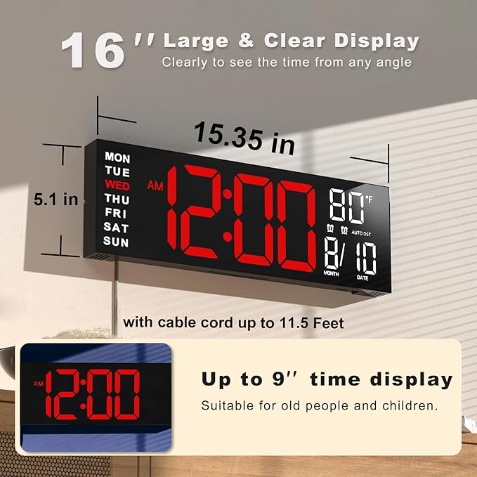 JALL 16" Large Digital Wall Mount Clock, Count Down Timer, Alarm, Big LED, RGB Color, DST, Temperature for Living Room Classroom Desk, Xmas, Birthday Gift for Senior Mom Dad (Red White, 16 inches)